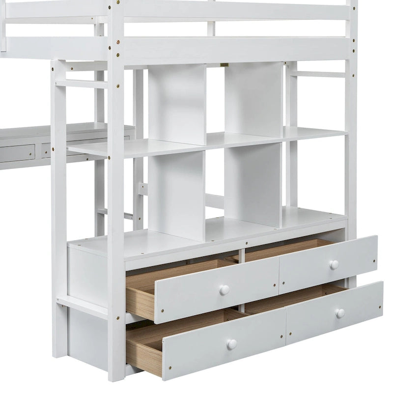 Lit mezzanine simple blanc avec bureau et tiroirs, en pin