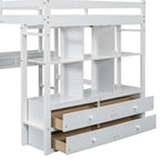 Lit mezzanine simple blanc avec bureau et tiroirs, en pin