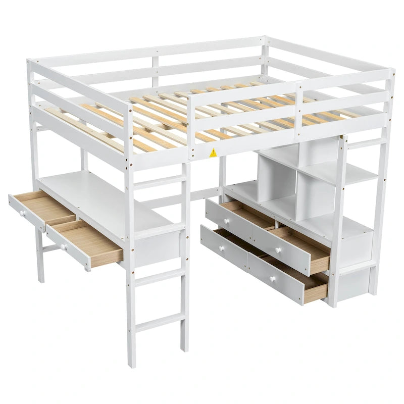 Lit mezzanine simple blanc avec bureau et tiroirs, en pin