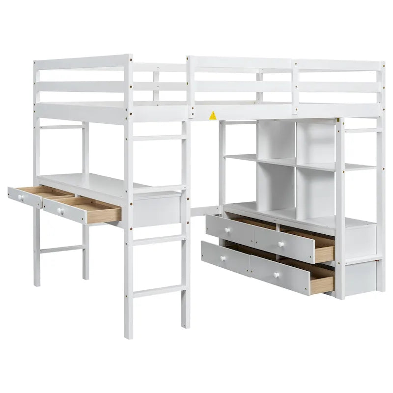 Lit mezzanine simple blanc avec bureau et tiroirs, en pin
