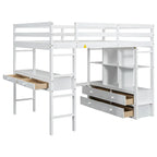 Lit mezzanine simple blanc avec bureau et tiroirs, en pin