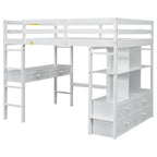 Lit mezzanine simple blanc avec bureau et tiroirs, en pin