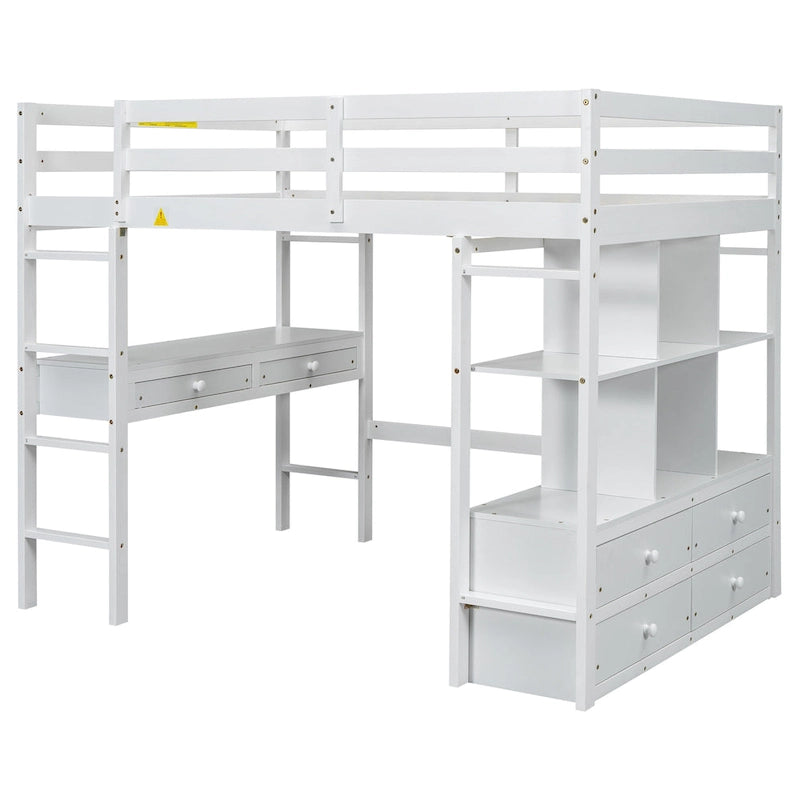 Lit mezzanine simple blanc avec bureau et tiroirs, en pin