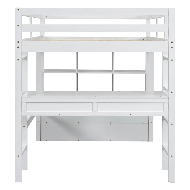 Lit mezzanine simple blanc avec bureau et tiroirs, en pin