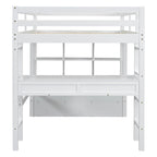 Lit mezzanine simple blanc avec bureau et tiroirs, en pin