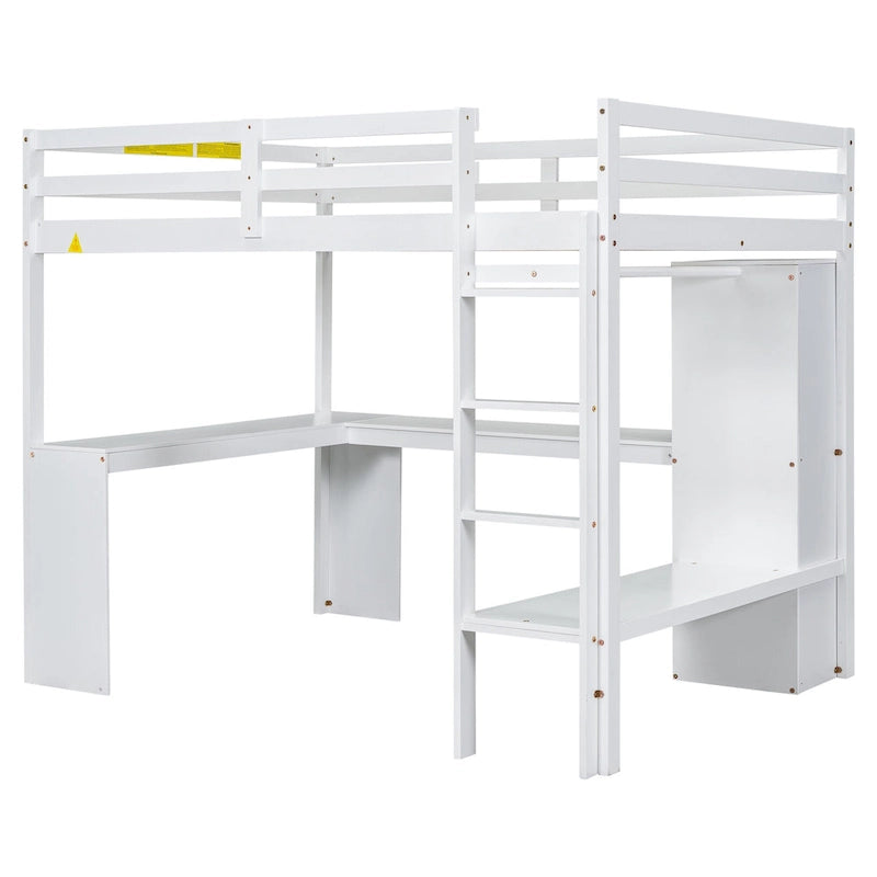 Lit mezzanine gris/blanc avec bureau en L et rangement, simple/double, 1 personne