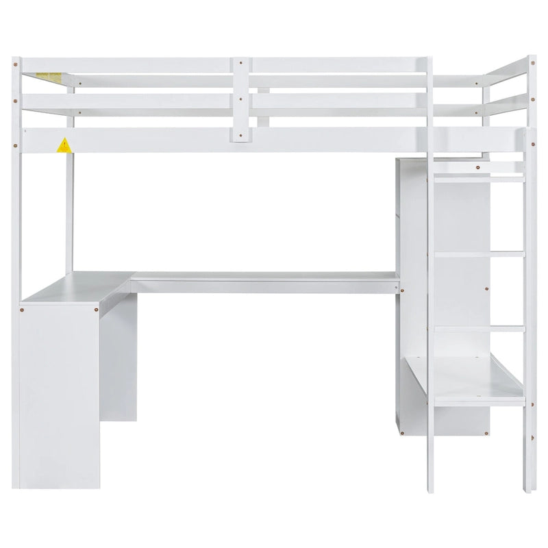 Lit mezzanine gris/blanc avec bureau en L et rangement, simple/double, 1 personne