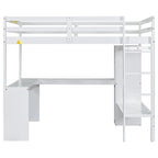 Lit mezzanine gris/blanc avec bureau en L et rangement, simple/double, 1 personne