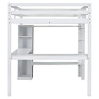 Lit mezzanine gris/blanc avec bureau en L et rangement, simple/double, 1 personne