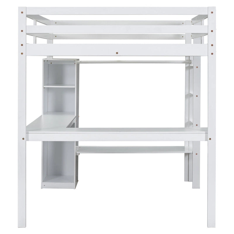 Lit mezzanine gris/blanc avec bureau en L et rangement, simple/double, 1 personne