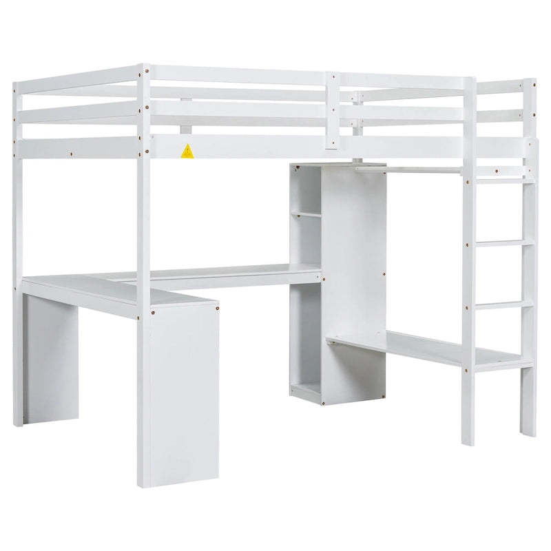 Lit mezzanine gris/blanc avec bureau en L et rangement, simple/double, 1 personne