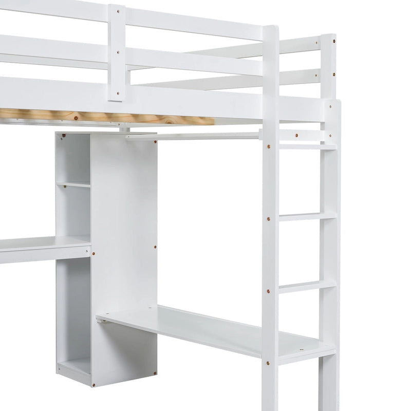 Lit mezzanine gris/blanc avec bureau en L et rangement, simple/double, 1 personne