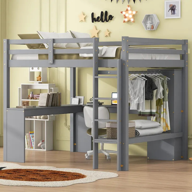 Lit mezzanine gris/blanc avec bureau en L et rangement, simple/double, 1 personne