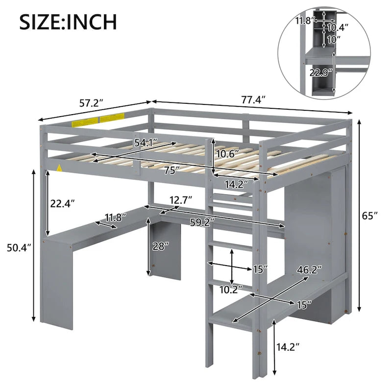 Lit mezzanine gris/blanc avec bureau en L et rangement, simple/double, 1 personne