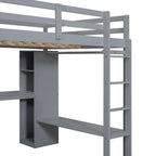 Lit mezzanine gris/blanc avec bureau en L et rangement, simple/double, 1 personne