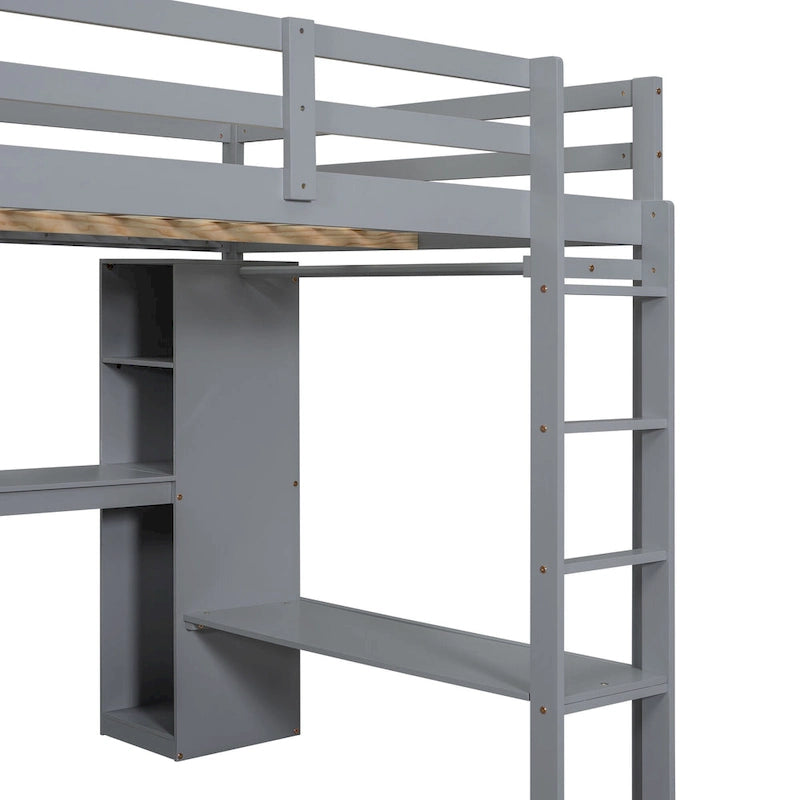 Lit mezzanine gris/blanc avec bureau en L et rangement, simple/double, 1 personne