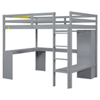 Lit mezzanine gris/blanc avec bureau en L et rangement, simple/double, 1 personne