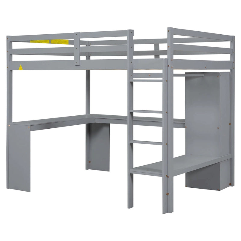 Lit mezzanine gris/blanc avec bureau en L et rangement, simple/double, 1 personne