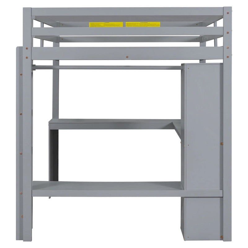 Lit mezzanine gris/blanc avec bureau en L et rangement, simple/double, 1 personne