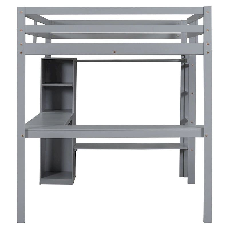 Lit mezzanine gris/blanc avec bureau en L et rangement, simple/double, 1 personne