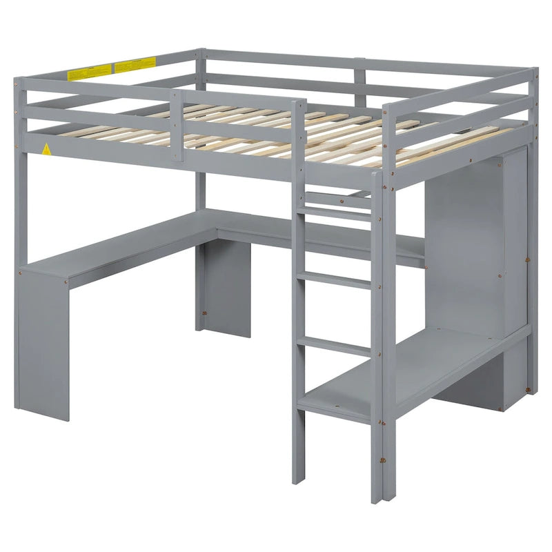 Lit mezzanine gris/blanc avec bureau en L et rangement, simple/double, 1 personne