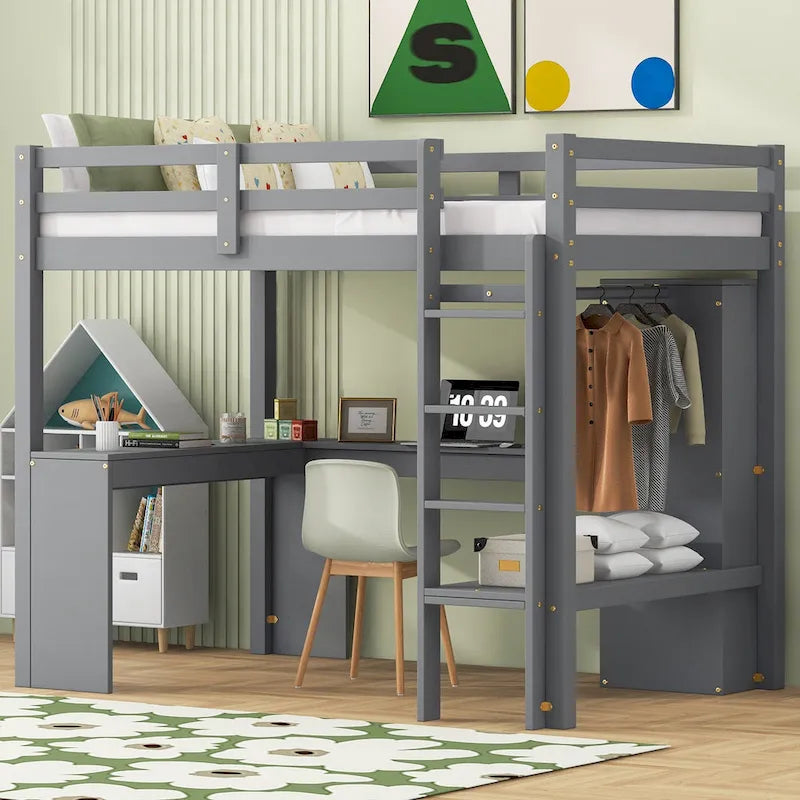 Lit mezzanine gris/blanc avec bureau en L et rangement, simple/double, 1 personne