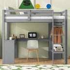 Lit mezzanine gris/blanc avec bureau en L et rangement, simple/double, 1 personne
