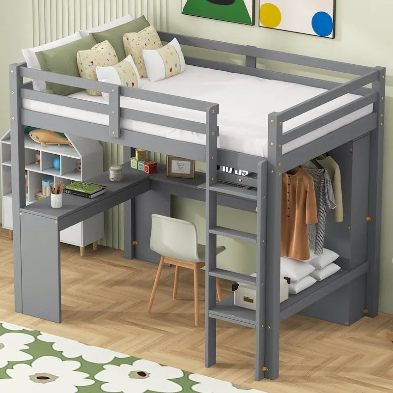 Lit mezzanine gris/blanc avec bureau en L et rangement, simple/double, 1 personne