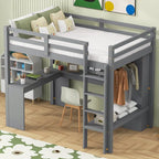 Lit mezzanine gris/blanc avec bureau en L et rangement, simple/double, 1 personne