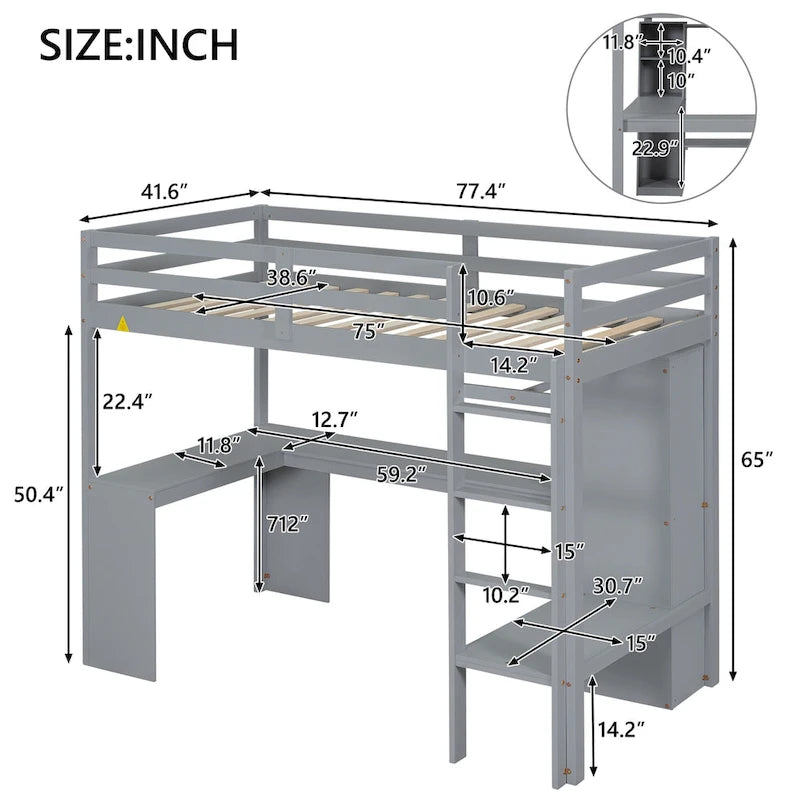 Lit mezzanine gris/blanc avec bureau en L et rangement, simple/double, 1 personne
