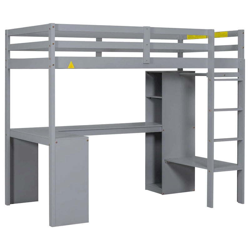 Lit mezzanine gris/blanc avec bureau en L et rangement, simple/double, 1 personne