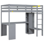 Lit mezzanine gris/blanc avec bureau en L et rangement, simple/double, 1 personne