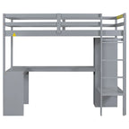 Lit mezzanine gris/blanc avec bureau en L et rangement, simple/double, 1 personne