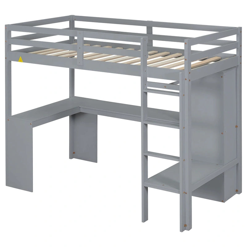 Lit mezzanine gris/blanc avec bureau en L et rangement, simple/double, 1 personne