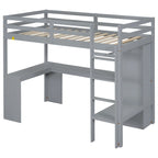 Lit mezzanine gris/blanc avec bureau en L et rangement, simple/double, 1 personne