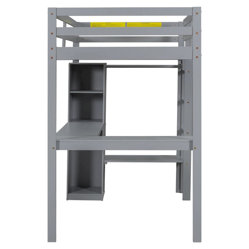 Lit mezzanine gris/blanc avec bureau en L et rangement, simple/double, 1 personne