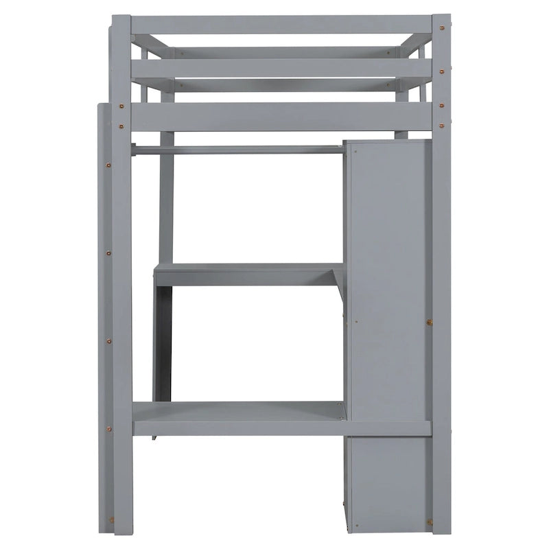 Lit mezzanine gris/blanc avec bureau en L et rangement, simple/double, 1 personne