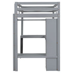 Lit mezzanine gris/blanc avec bureau en L et rangement, simple/double, 1 personne