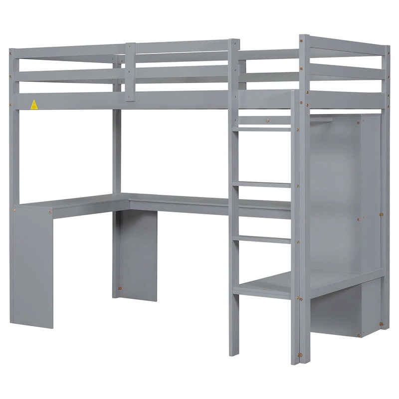 Lit mezzanine gris/blanc avec bureau en L et rangement, simple/double, 1 personne