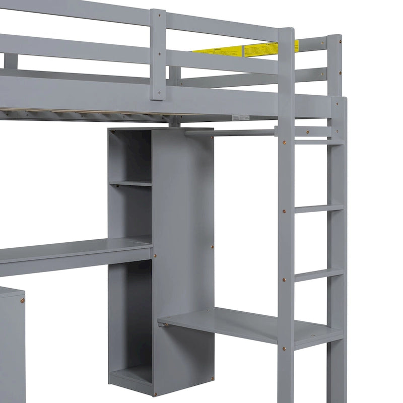 Lit mezzanine gris/blanc avec bureau en L et rangement, simple/double, 1 personne