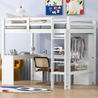 Lit mezzanine gris/blanc avec bureau en L et rangement, simple/double, 1 personne