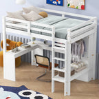 Lit mezzanine gris/blanc avec bureau en L et rangement, simple/double, 1 personne