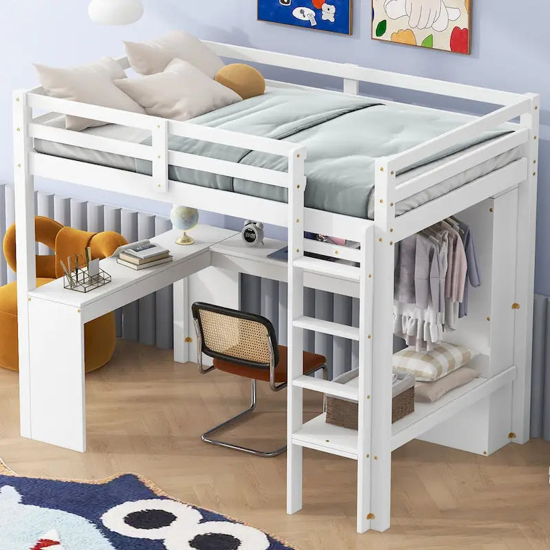 Lit mezzanine gris/blanc avec bureau en L et rangement, simple/double, 1 personne
