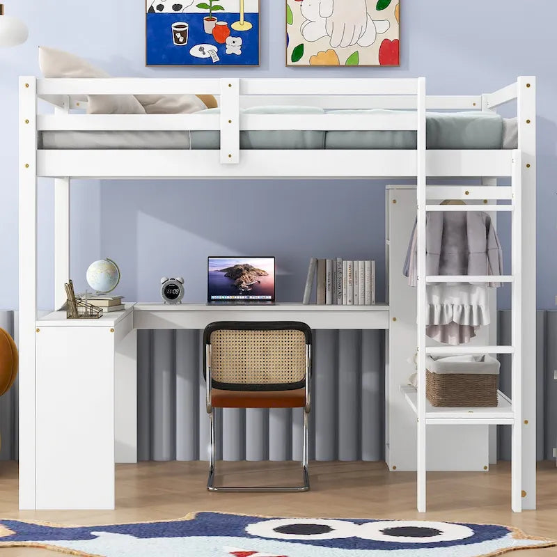 Lit mezzanine gris/blanc avec bureau en L et rangement, simple/double, 1 personne