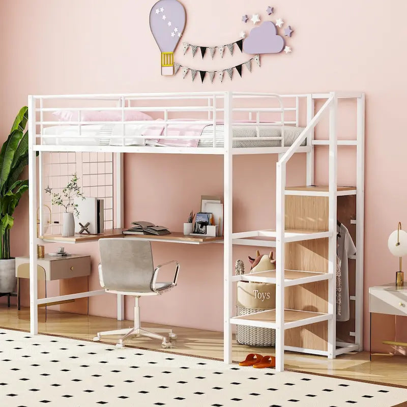 Lit mezzanine jumeau en métal blanc avec bureau et rangement, 1 personne