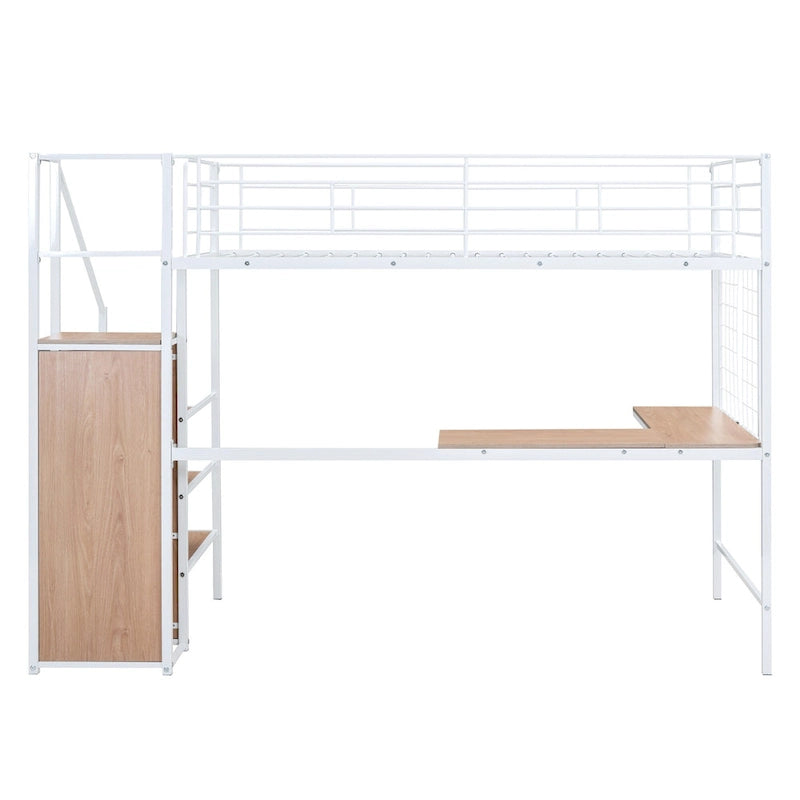 Lit mezzanine jumeau en métal blanc avec bureau et rangement, 1 personne