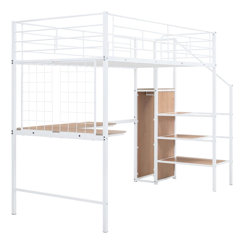 Lit mezzanine jumeau en métal blanc avec bureau et rangement, 1 personne