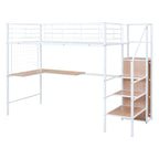 Lit mezzanine jumeau en métal blanc avec bureau et rangement, 1 personne