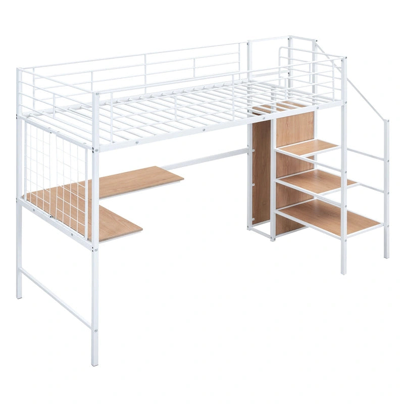 Lit mezzanine jumeau en métal blanc avec bureau et rangement, 1 personne