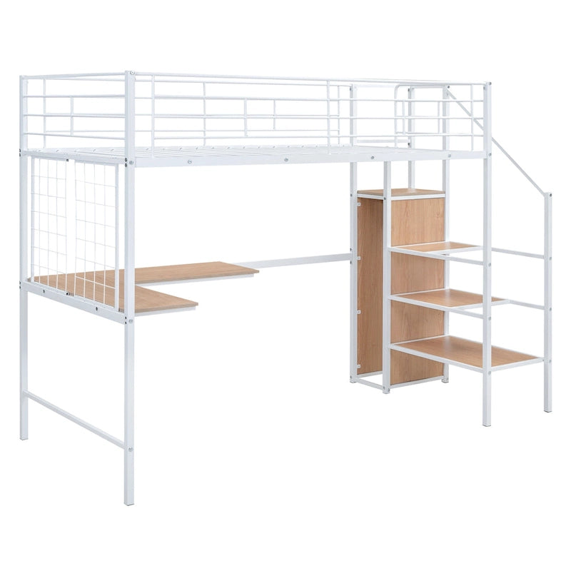 Lit mezzanine jumeau en métal blanc avec bureau et rangement, 1 personne